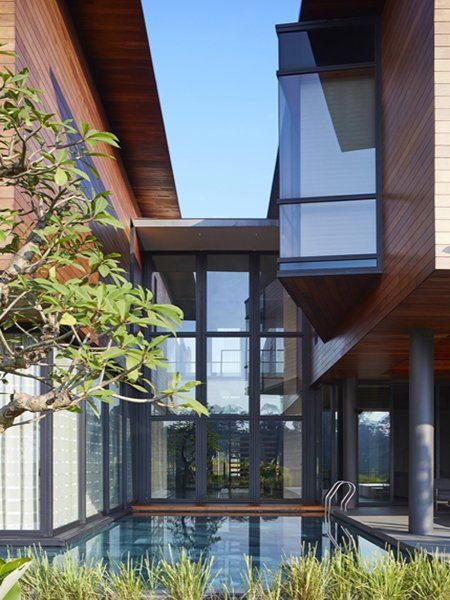 A house with a swimming pool in the middle of it