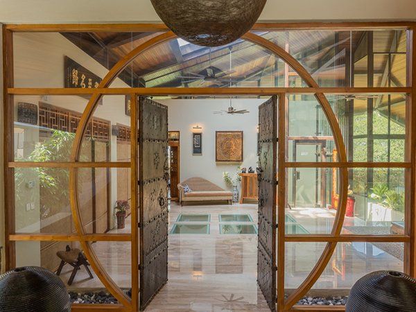 A view of a living room through a glass door