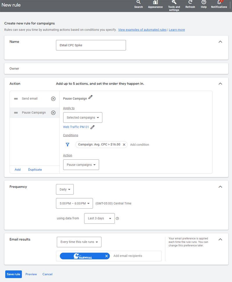 Setting Up a Google Automated Rule