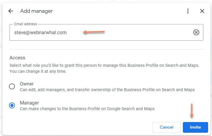 Adding an account to your Google Business Profile - Add Manager