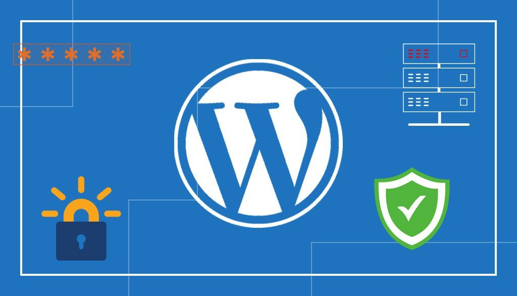 WordPress security header image containing logos and icons of security elements.