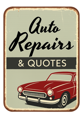 A sign for auto repairs and quotes with a red car on it