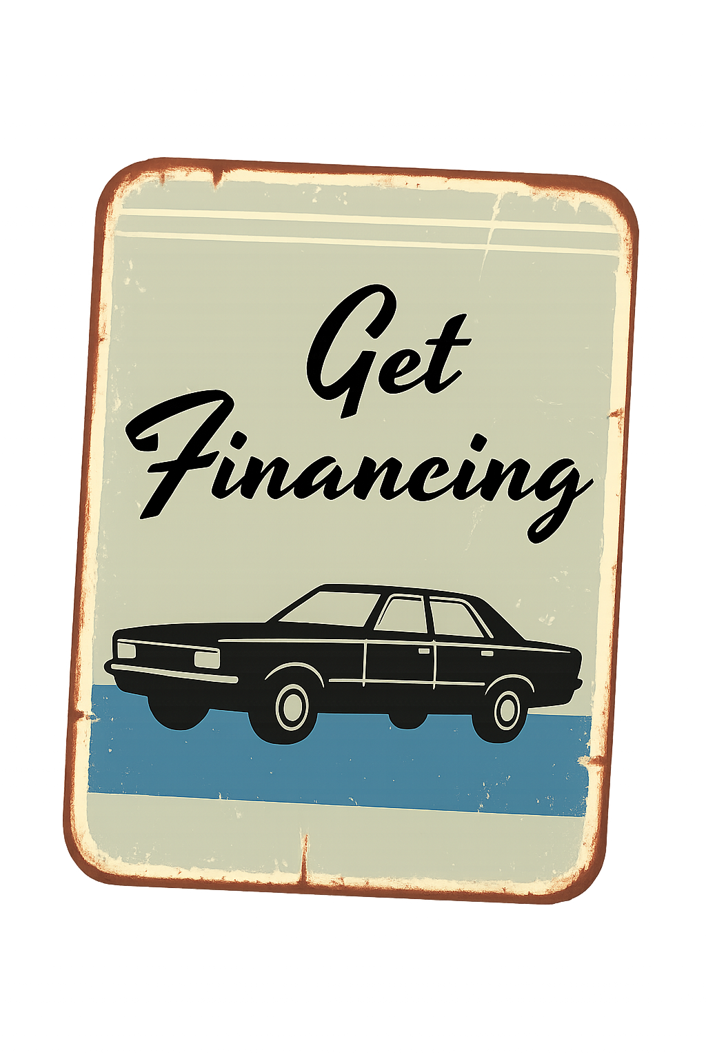 A vintage-style sign with a cream background, a blue road strip, a black car, and the text 