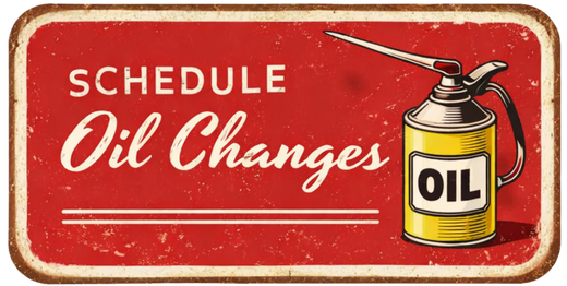 A vintage-style red sign featuring an illustration of a yellow oil can and the text 