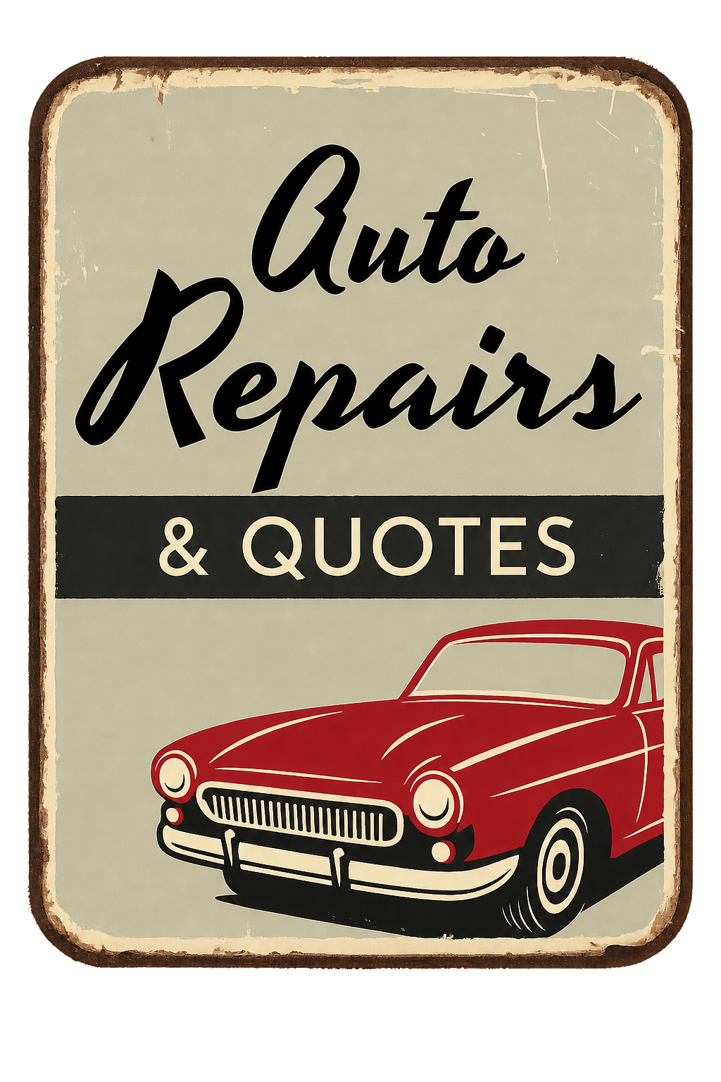 A sign for auto repairs and quotes with a red car on it
