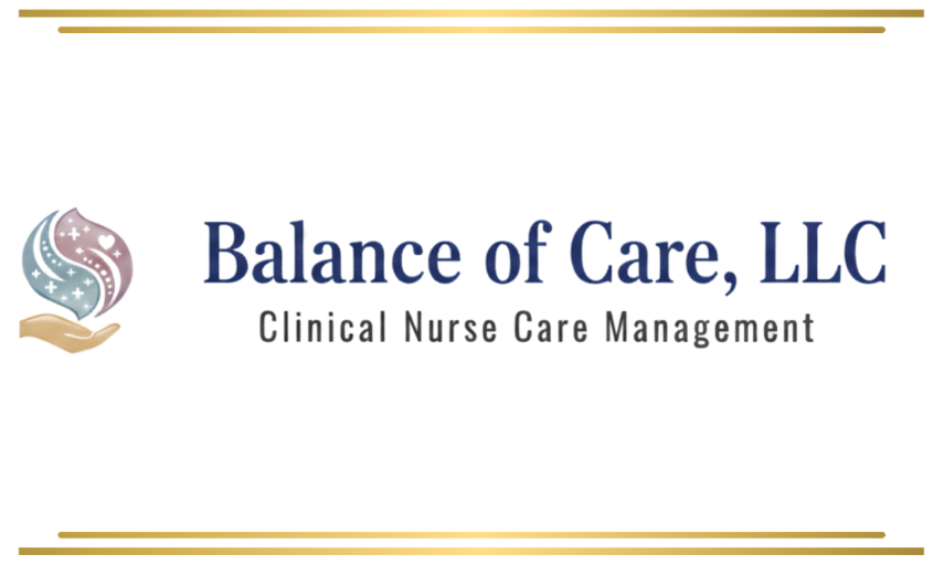 Logo for Balance of Care, LLC featuring a hand cradling a stylized flame icon and the company name in dark blue text.