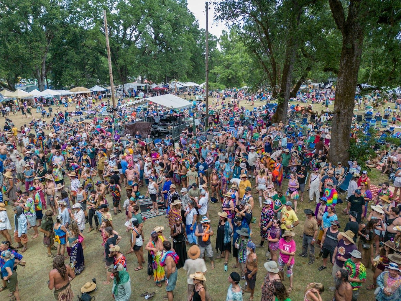An aerial view of a large crowd of people at a festival.