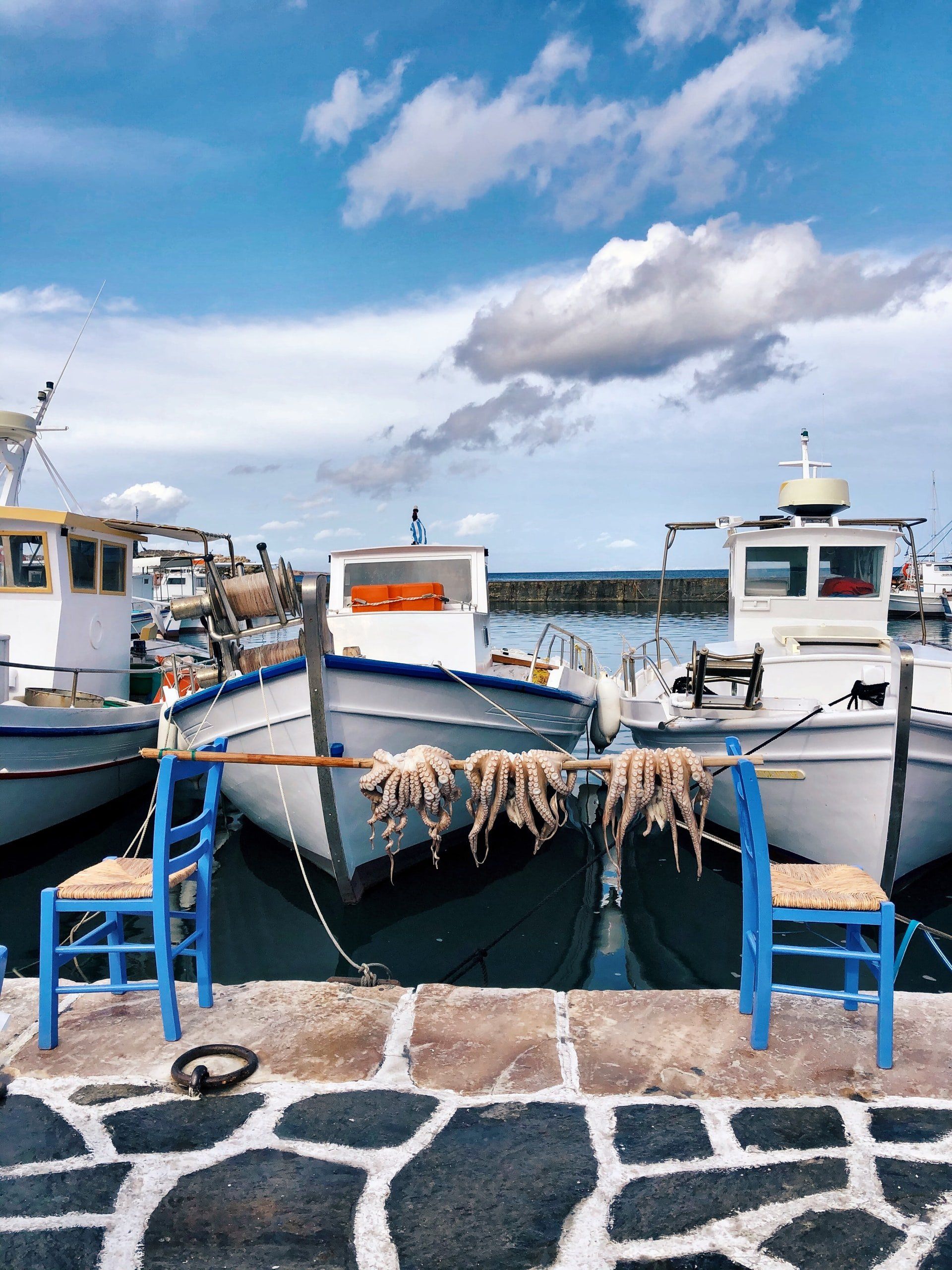 Boats docked at a harbor. Octopus drying on a rack between two blue chairs. Blue sky, clouds overhead.