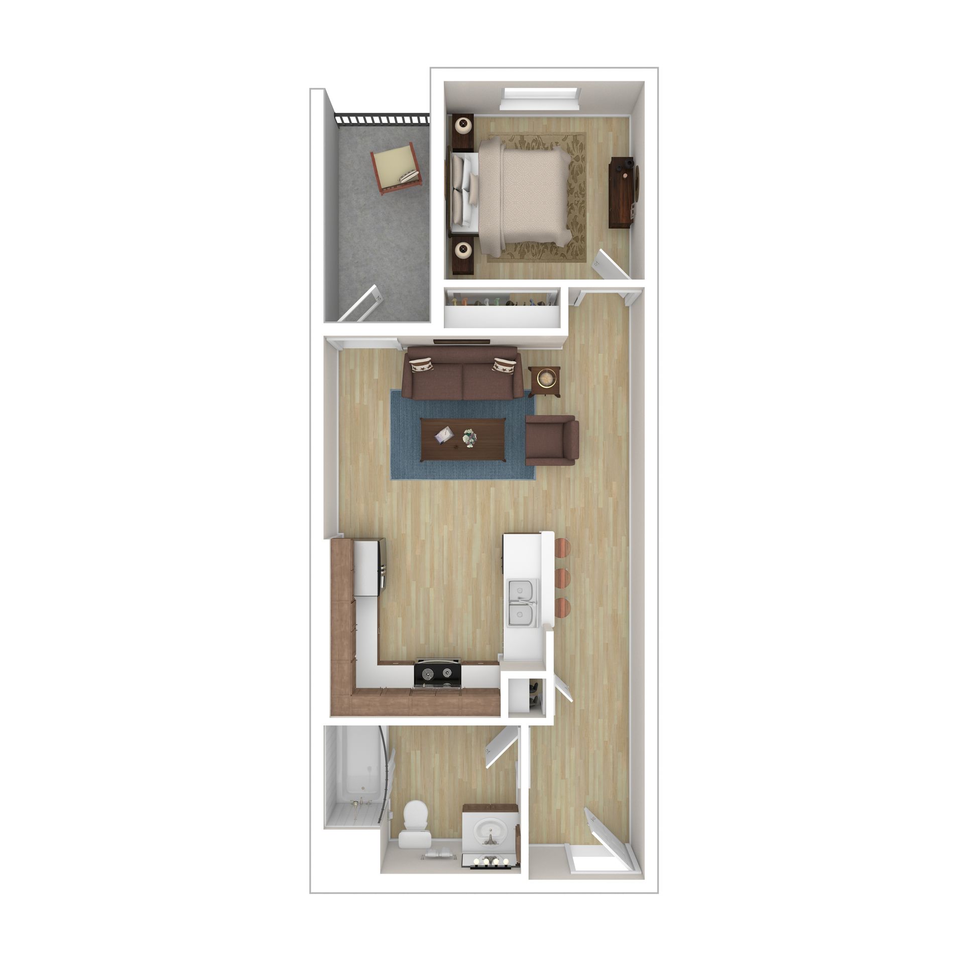 A 3d floor plan of a small apartment with a bedroom , living room , and kitchen.