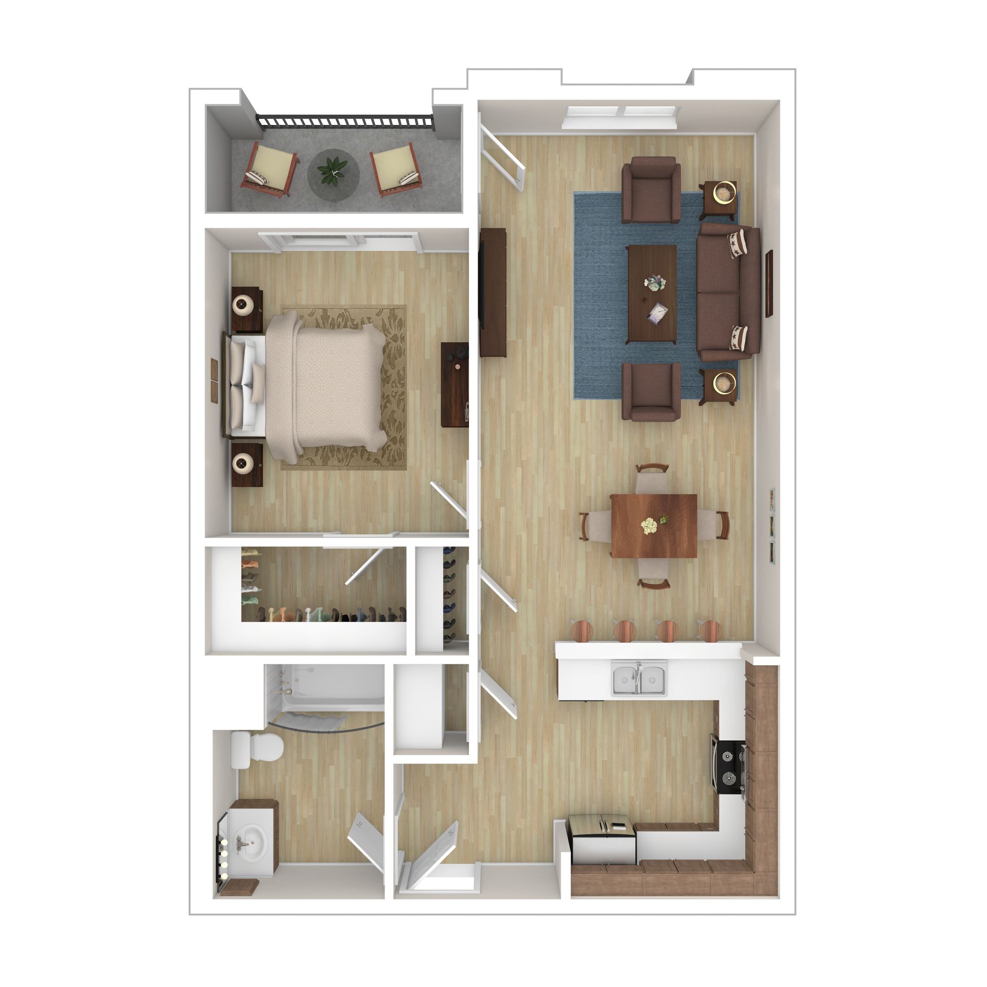 A 3d floor plan of a small apartment with a bedroom , living room , dining room , and kitchen.