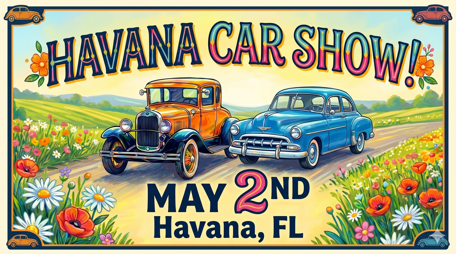 Flyer for the Havana Car Show in Havana, FL on May 2nd, 10 AM-2 PM, featuring classic cars, food, and family activities.