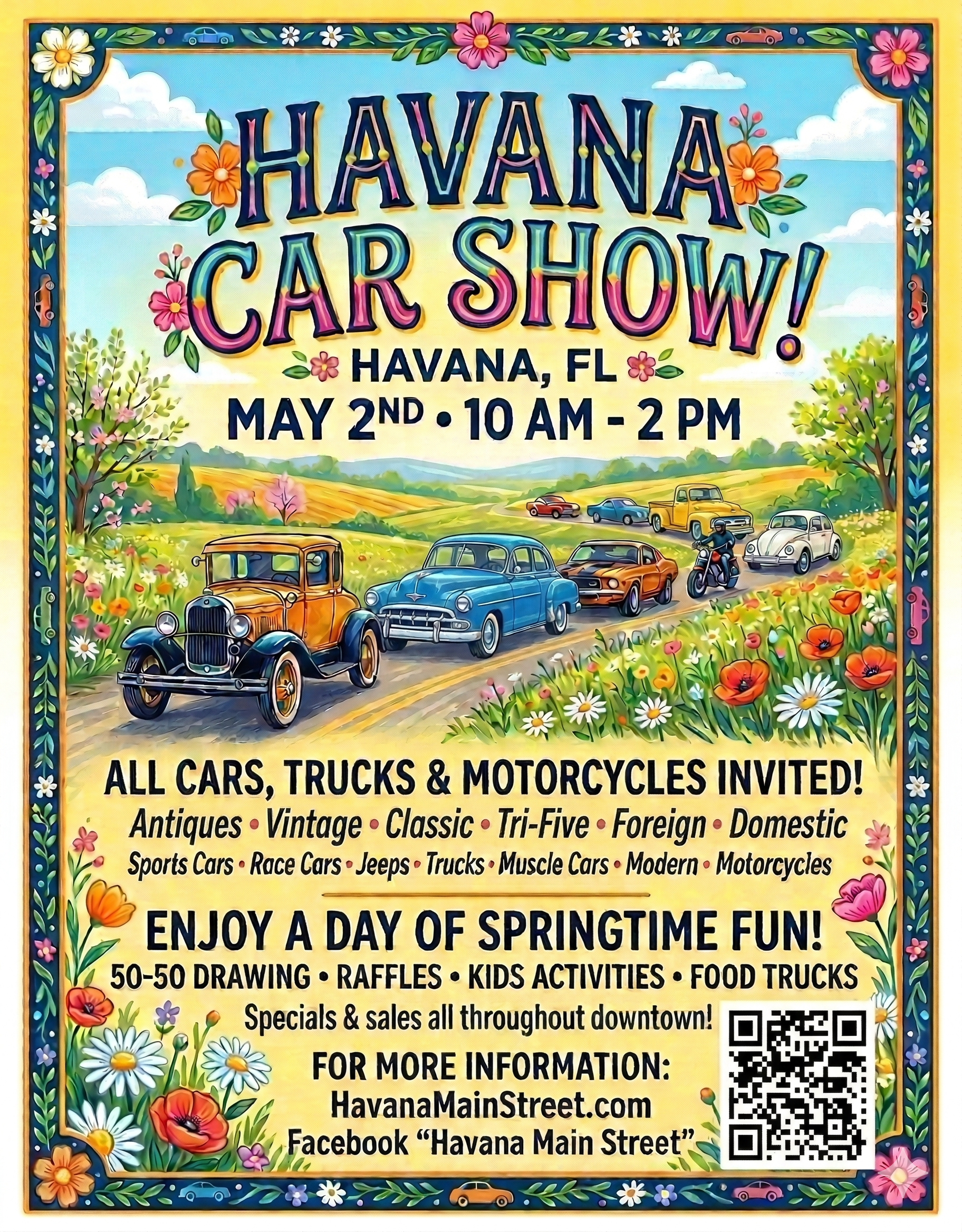 Flyer for the Havana Car Show in Havana, FL on May 2nd, 10 AM-2 PM, featuring classic cars, food, and family activities.