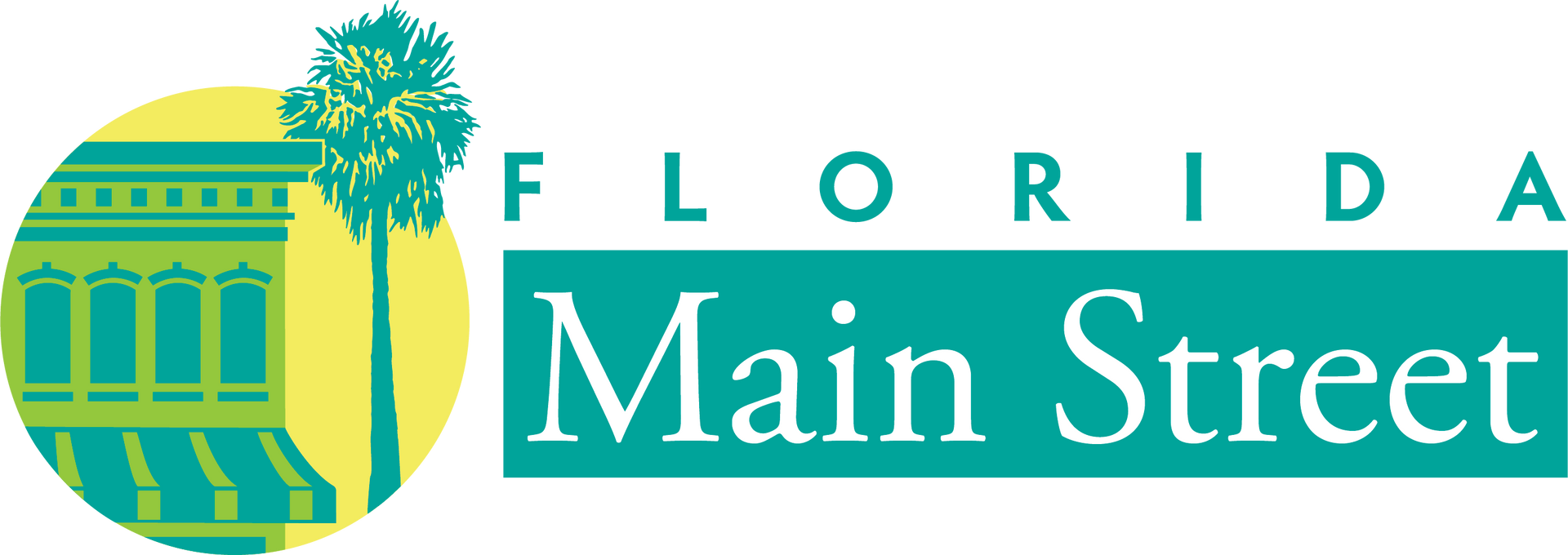 A logo for florida main street with a house and palm trees