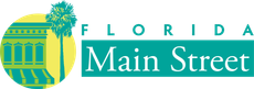 A logo for florida main street with a house and palm trees