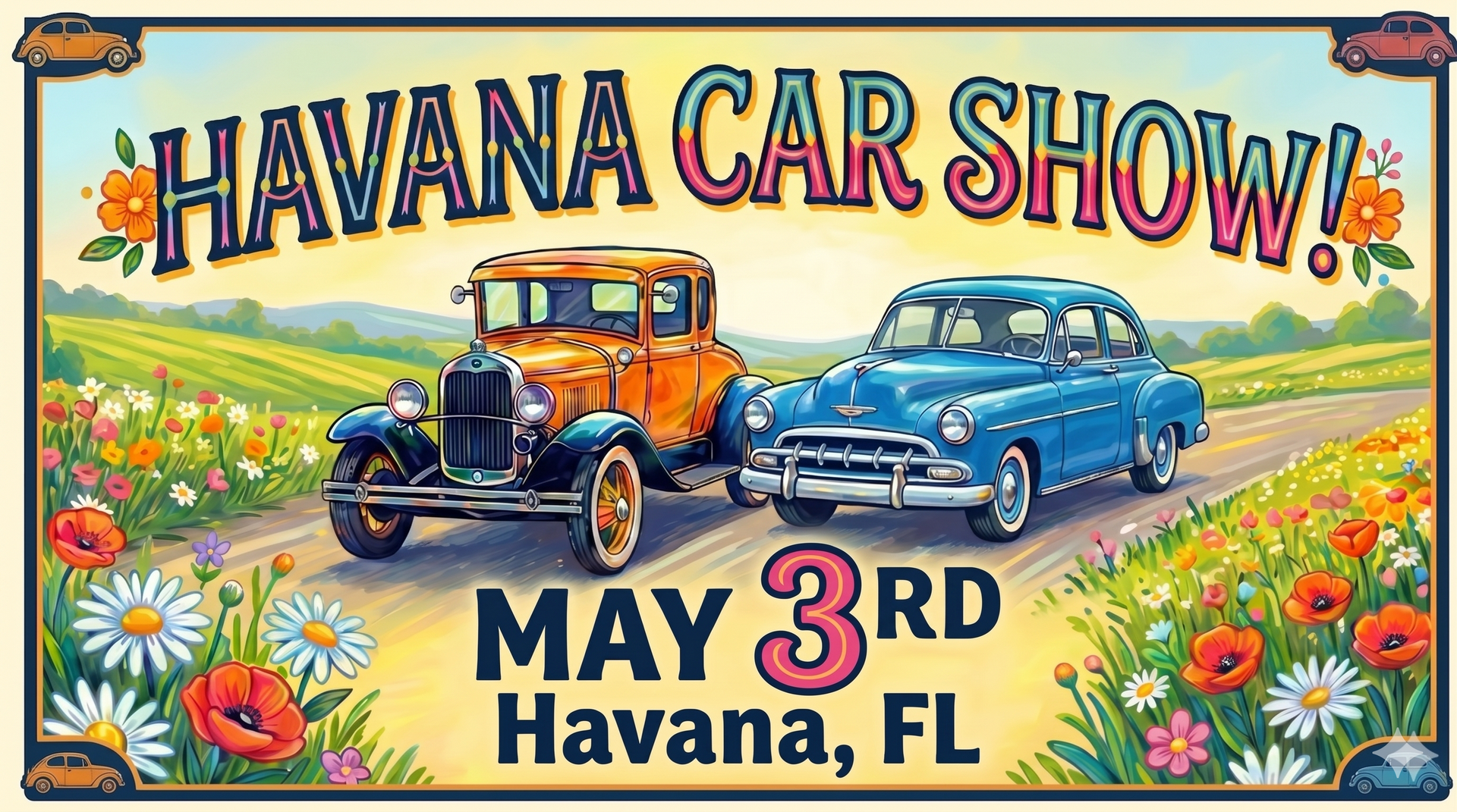 Flyer for the Havana Car Show in Havana, FL on May 2nd, 10 AM-2 PM, featuring classic cars, food, and family activities.