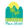 A logo for florida main street with a house and palm trees