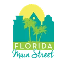 A logo for florida main street with a house and palm trees