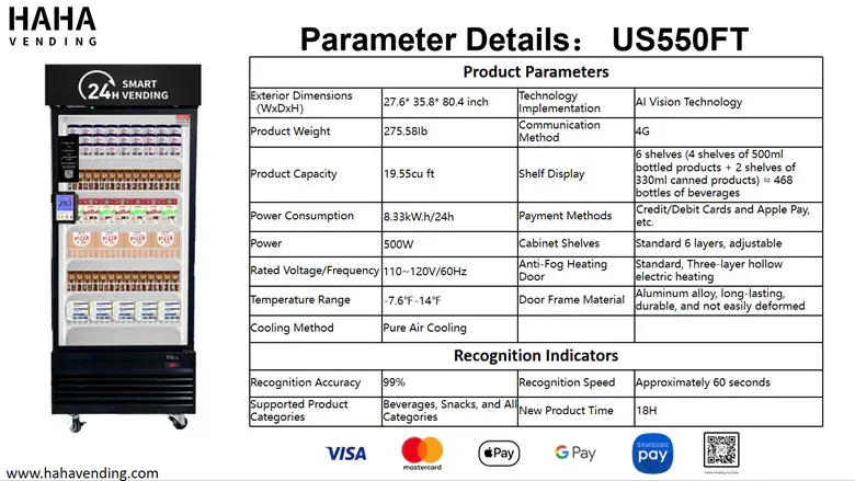 A black vending machine next to a table of technical specifications for the US550FT model, including features and capacity.