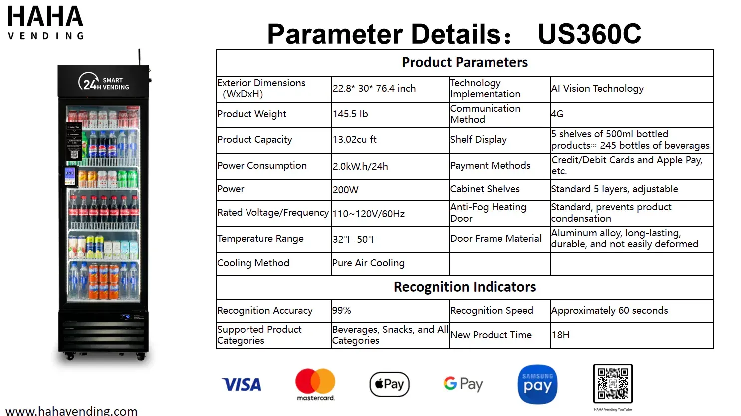 A black vending machine next to a table listing product parameters, cooling features, and accepted payment methods.