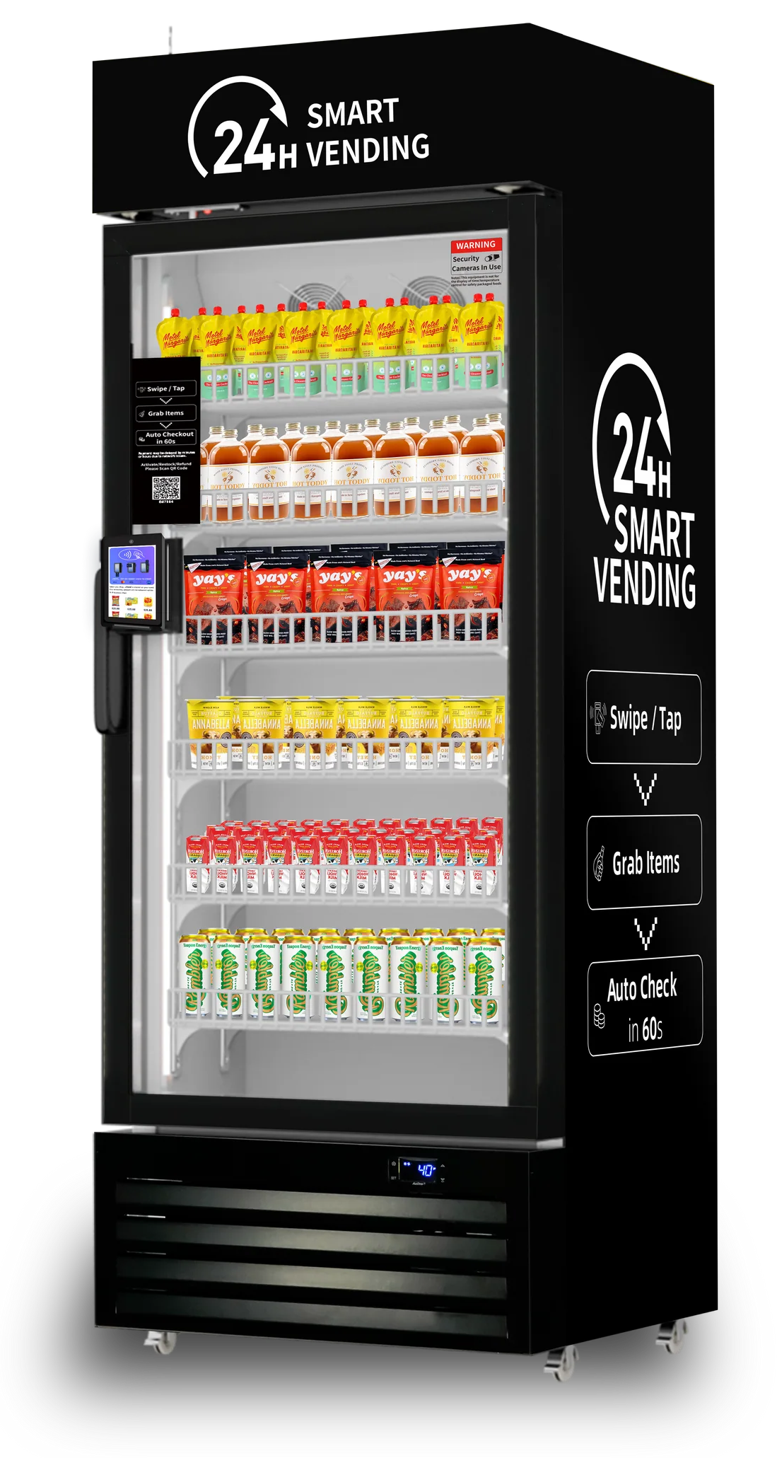 Black 24-hour smart vending machine with a glass door displaying six shelves of assorted bottled and canned drinks.