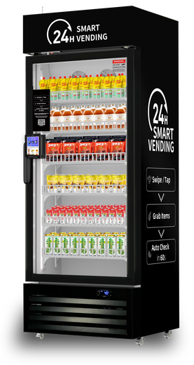 Black 24-hour smart vending machine with a glass door displaying six shelves of assorted bottled and canned drinks.