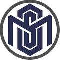 Dark blue geometric monogram logo inside a gray circle on a white background
