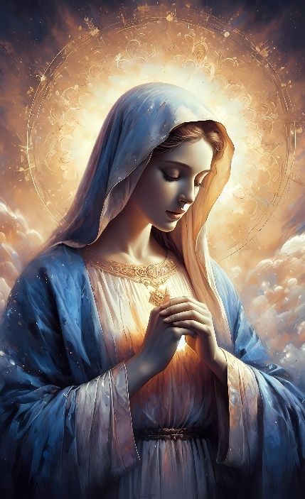 A serene robed figure with clasped hands glows with a halo against a radiant sky.