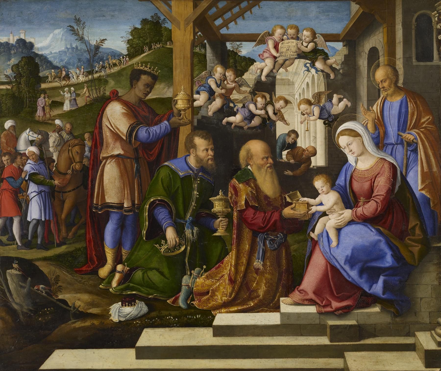 Painting of the Adoration of the Magi. Three kings present gifts to the baby Jesus held by Mary, angels above, other figures in the background.