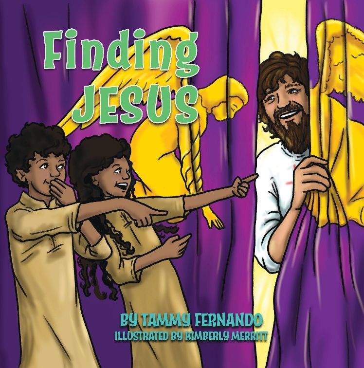 Book cover titled “Finding Jesus” showing two people parting purple curtains to reveal Jesus smiling.