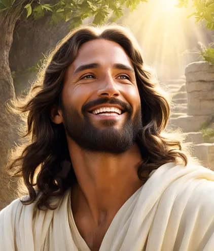 Jesus with long hair and beard in a white robe, lit by warm sunlight outdoors