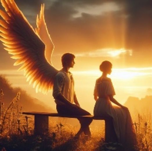 A man with angel wings sits next to a woman on a bench