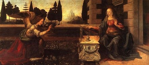 An angel kneels before the Virgin Mary, announcing the Incarnation in a garden.