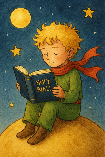 A little boy is sitting on a planet reading a holy bible