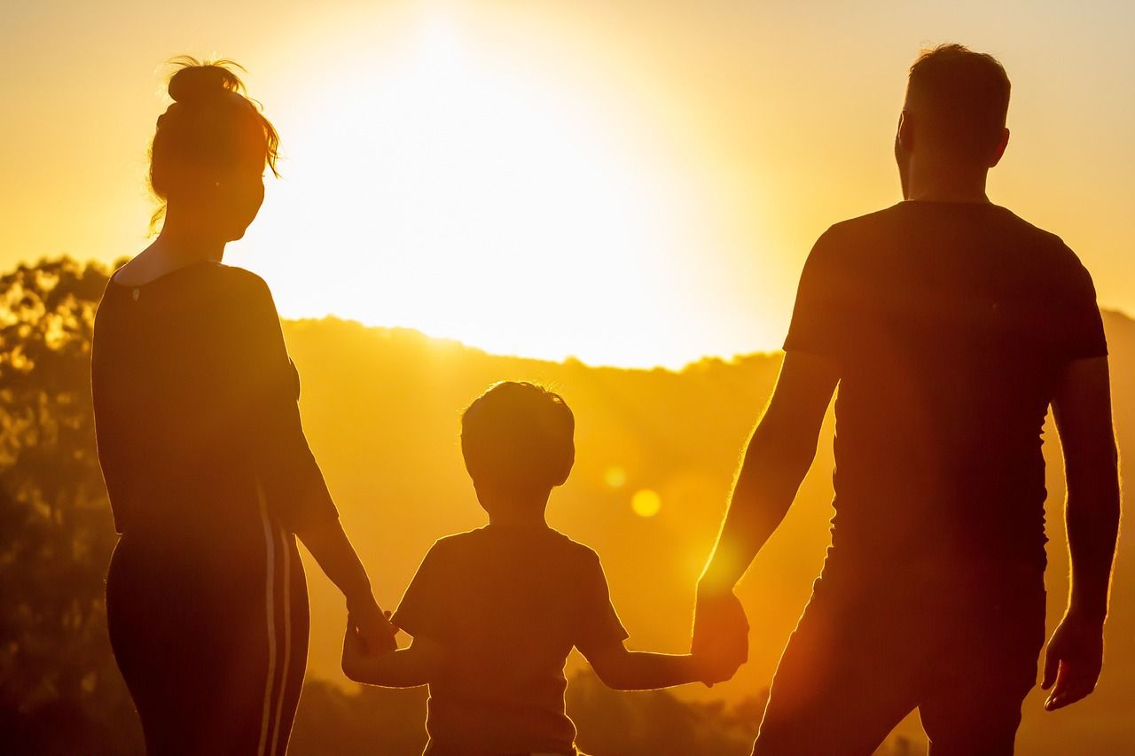 A family is holding hands in front of a sunset.