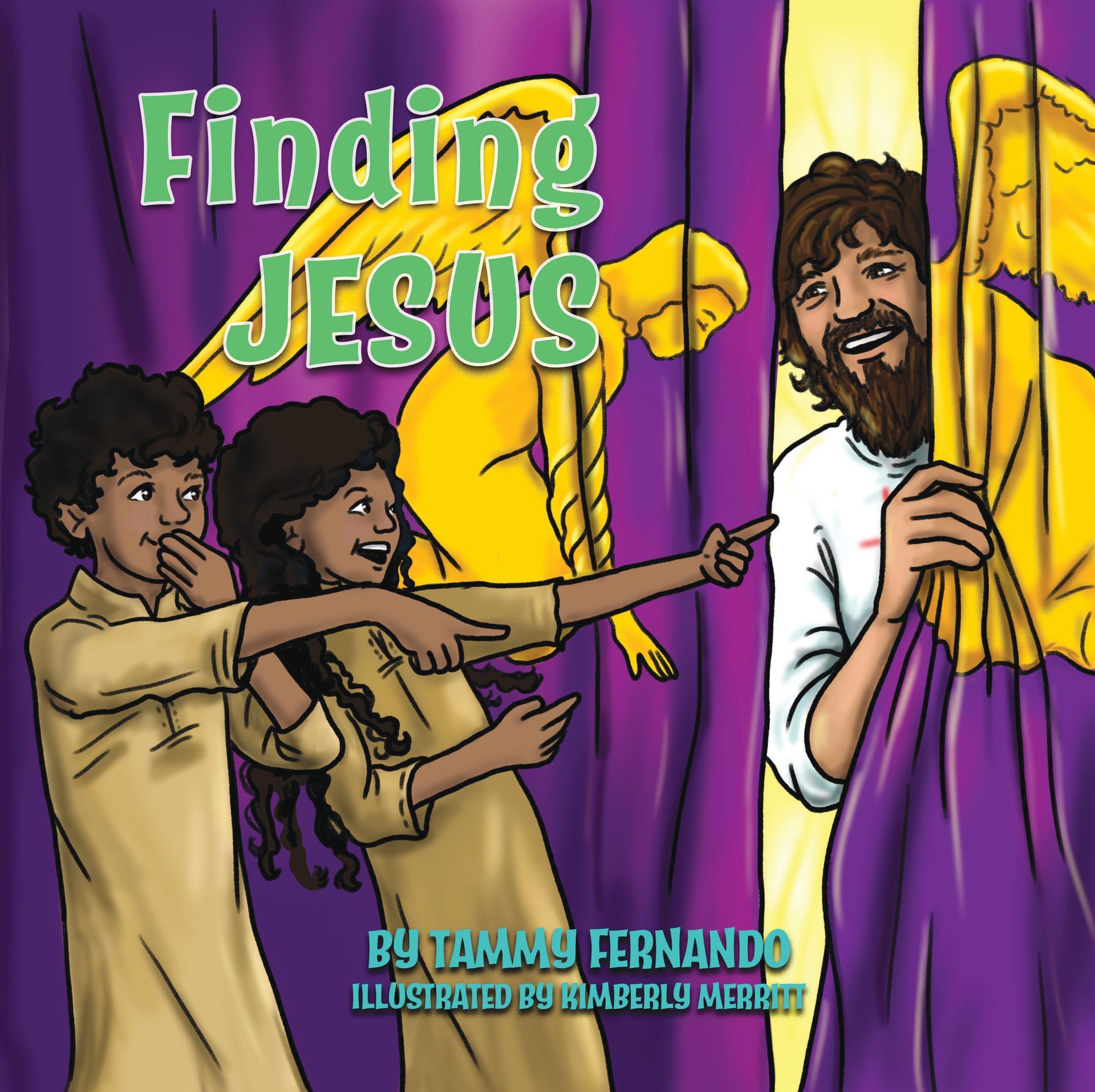 Book cover reading “Finding Jesus,” with people parting purple curtains to reveal a smiling Jesus.