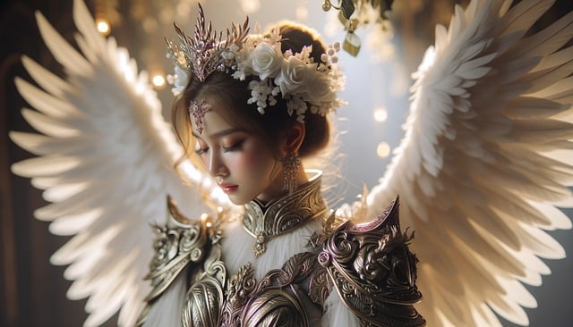 An angel with white wings and a crown of flowers on her head.