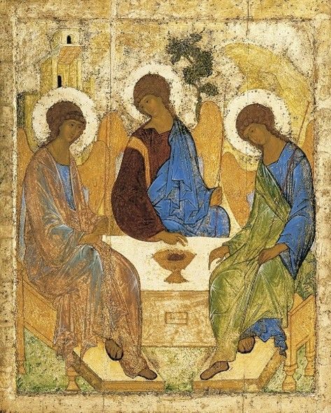 Icon of the Trinity at a table; halos, robes of blue, brown, green; golden wings and background.