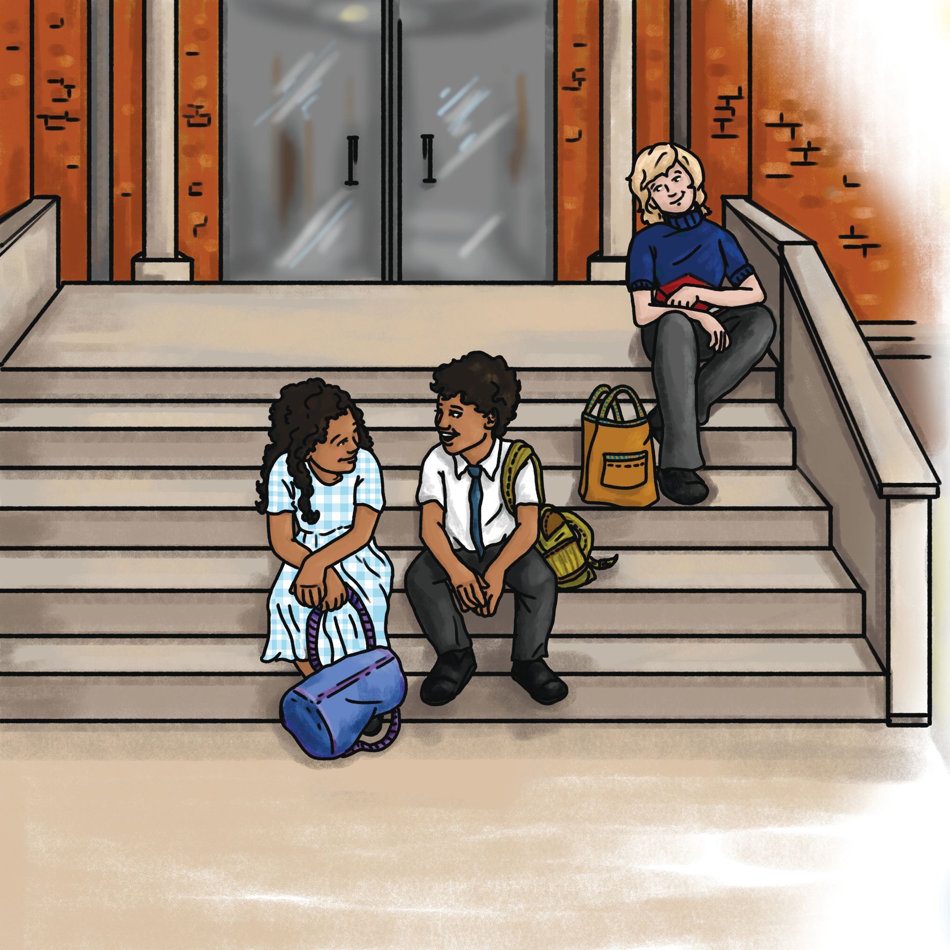 Children sitting on steps outside a brick building, talking. Blonde person on upper step.