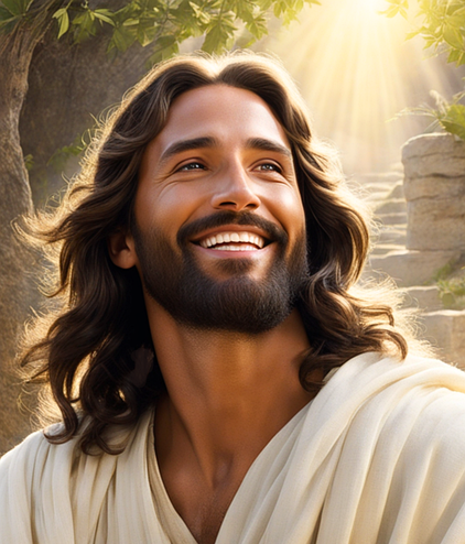 A smiling person with long dark hair and a beard, wearing a light-colored robe in a sunlit, outdoor setting.