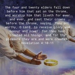 Person bowing before a throne with a crown, text from Revelation 4:10-11, praising God, and a gold crown on the ground.