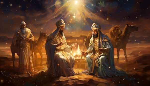 Three robed figures with camels, illuminated by a bright star. Figures sit near a small fire, with a night sky backdrop.