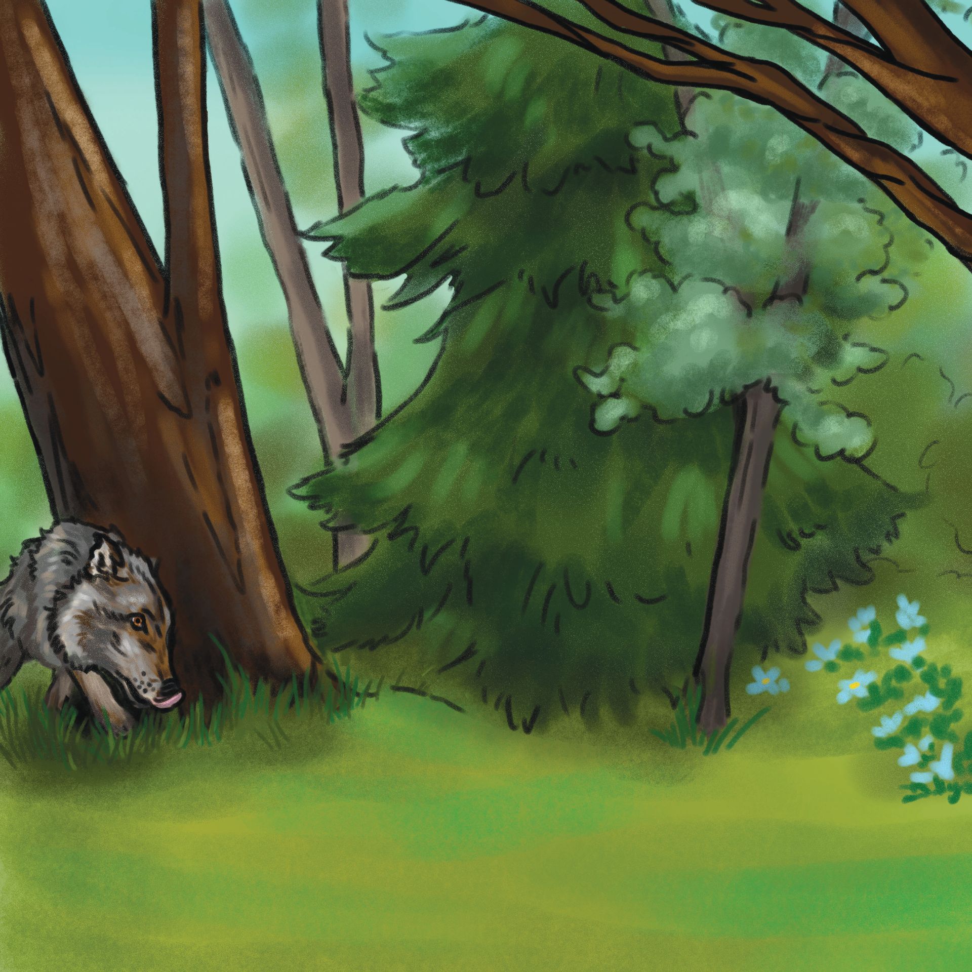 Wolf in a forest, tongue out, near trees and green foliage.