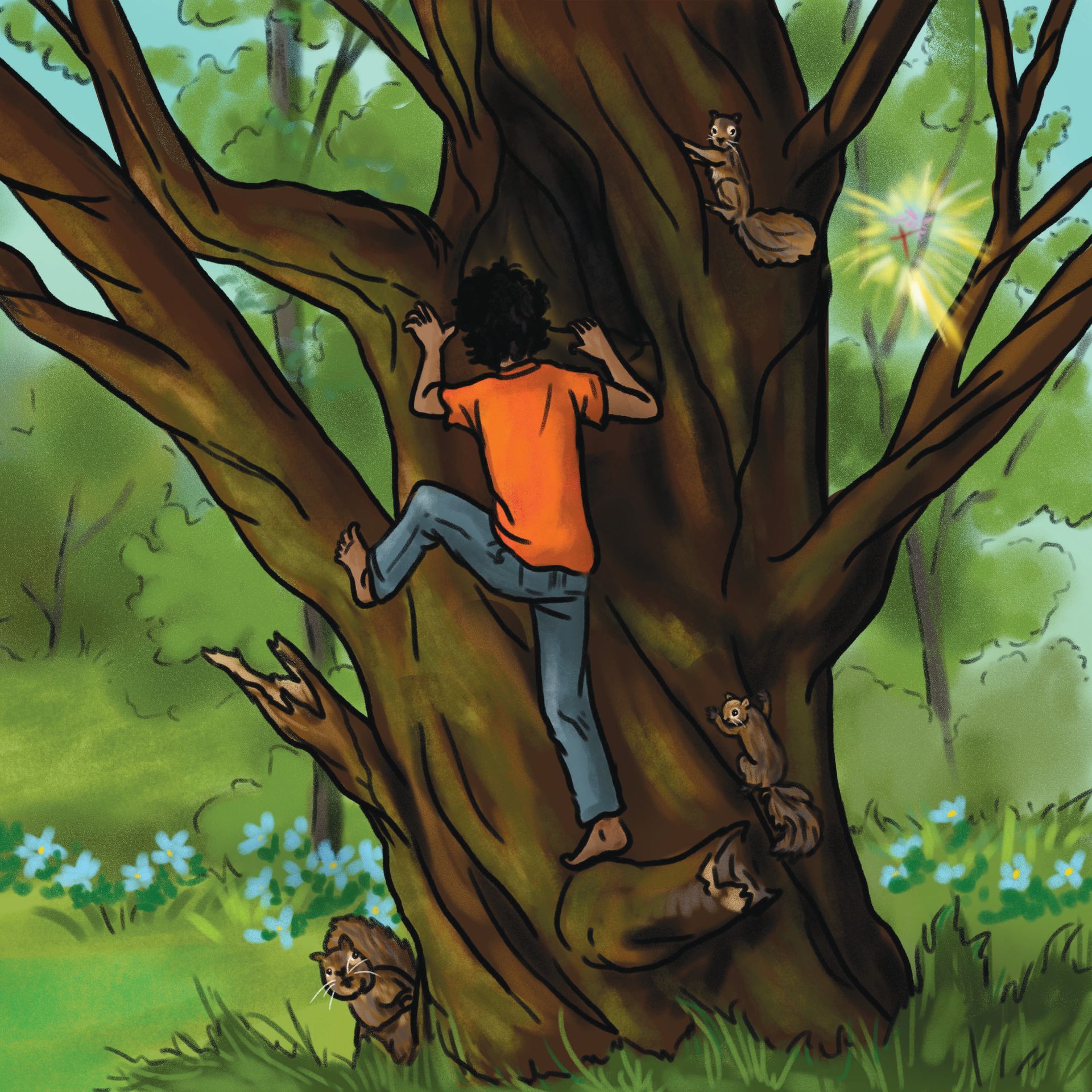 Boy climbing a tree, with squirrels and a glowing figure nearby. Green forest setting.