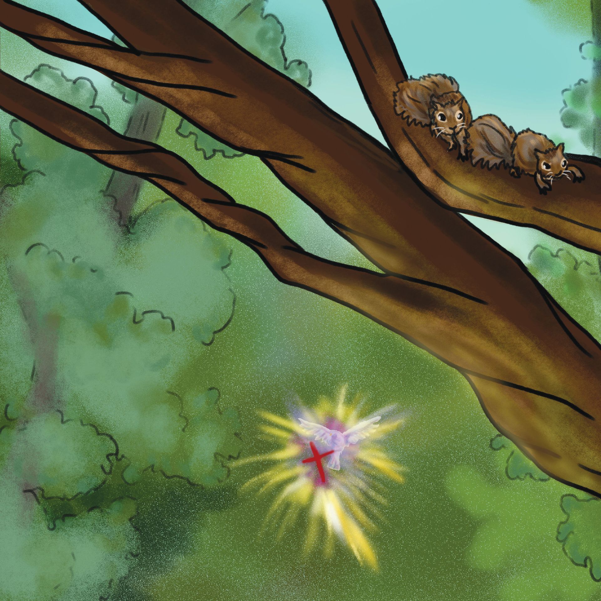 Two squirrels on a tree branch watch a glowing cross burst in the green forest.