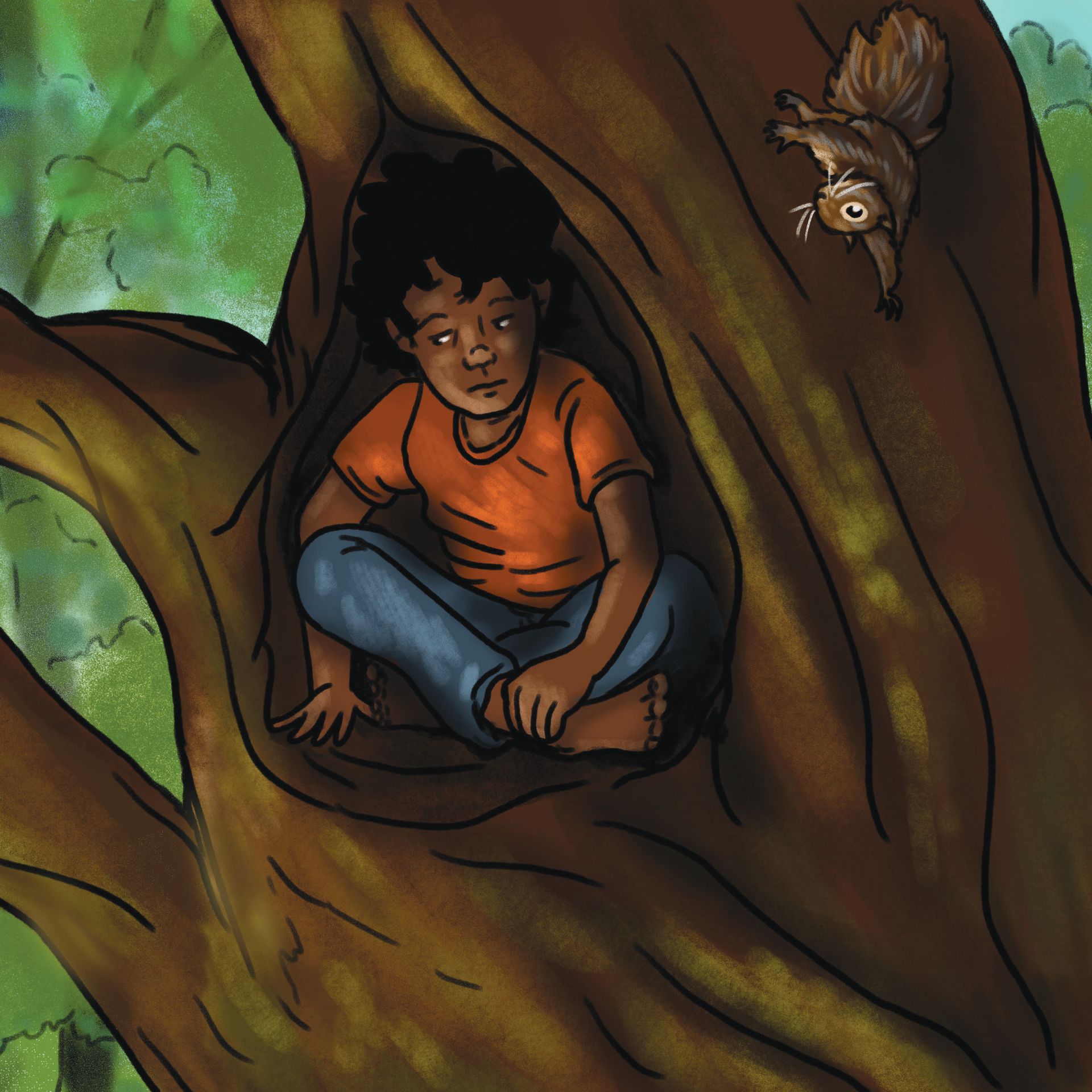 Boy sitting in a tree hollow, gazing down. A squirrel with a nut hangs above.