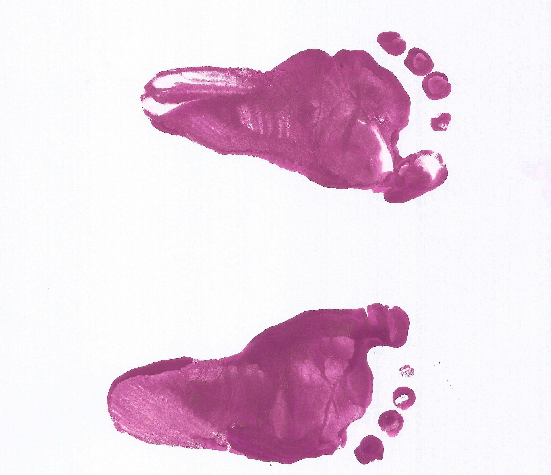 Two magenta-colored foot prints on white paper.