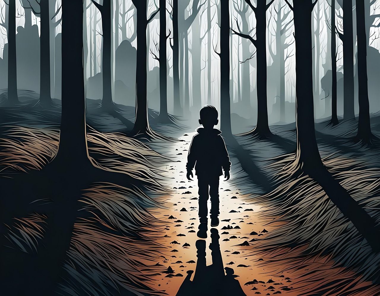 A little boy is standing in the middle of a dark forest.