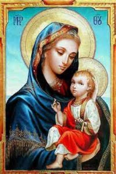 A painting of a woman holding a baby jesus.