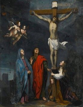 A painting of Jesus on the cross with angels surrounding him.