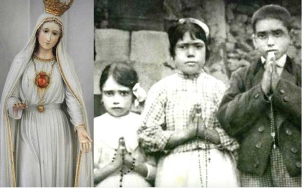 A statue of the virgin mary and two children praying